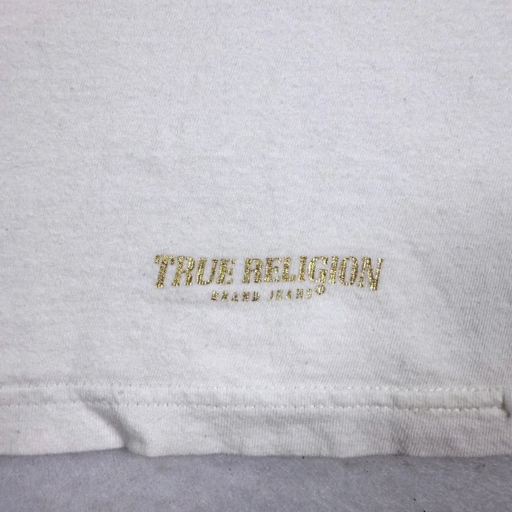 True Religion Mens V-Neck T-Shirt Large White Gold Foil Logo Cotton Tee